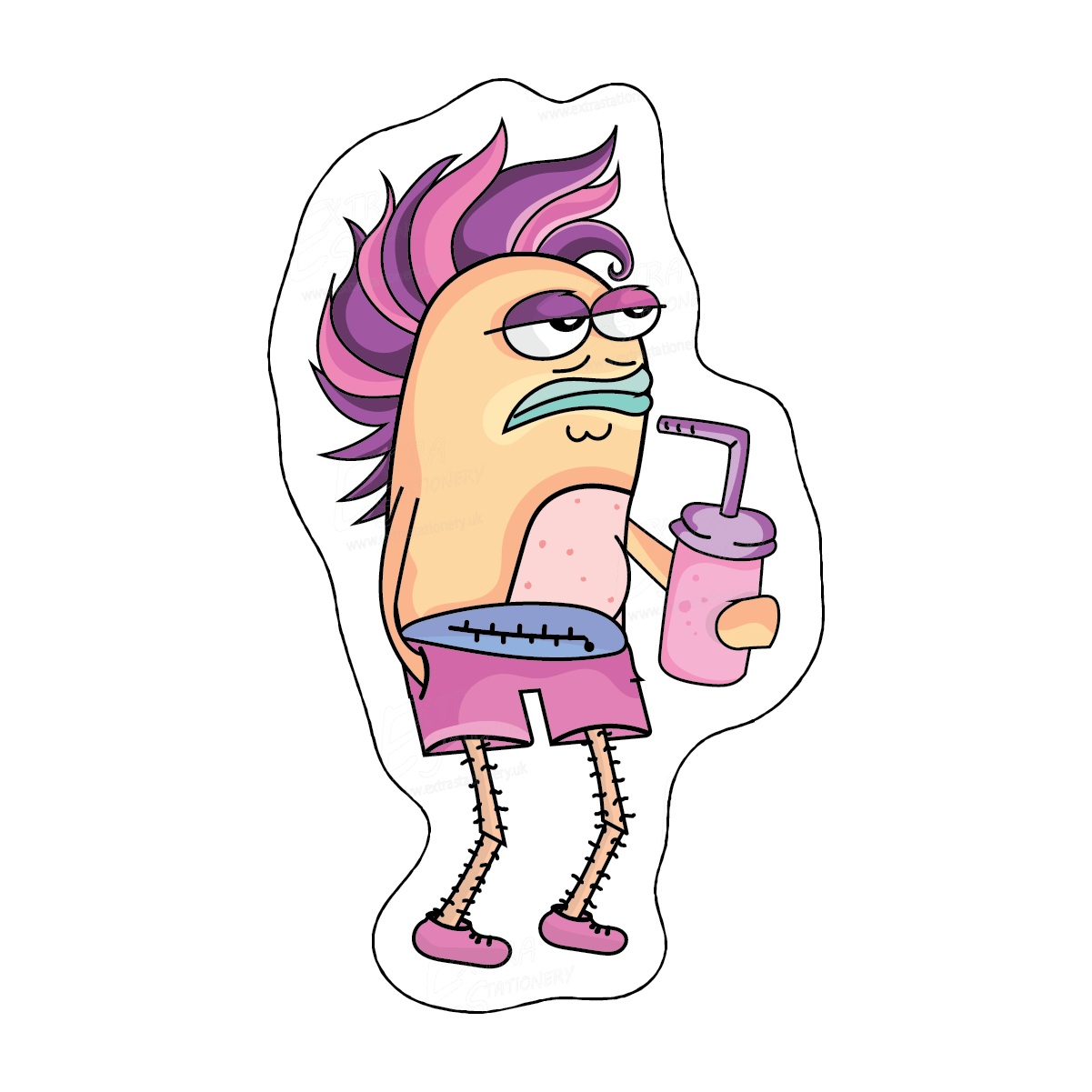 Playful fish walking underwater with a drink and a fanny pack sticker, embracing the spirit of lighthearted tourism.