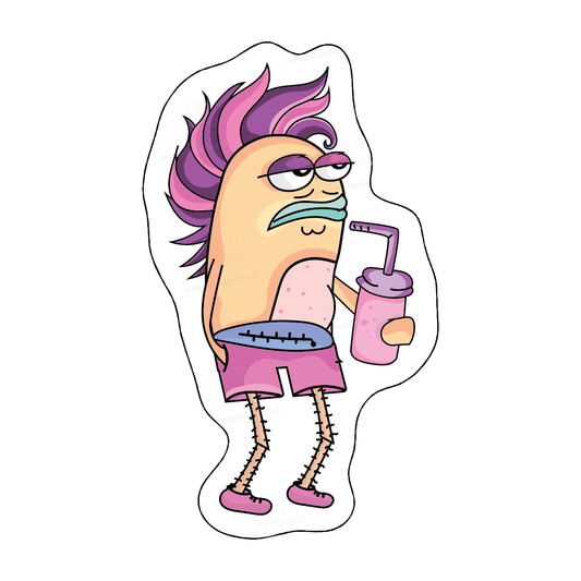 Playful fish walking underwater with a drink and a fanny pack sticker, embracing the spirit of lighthearted tourism.