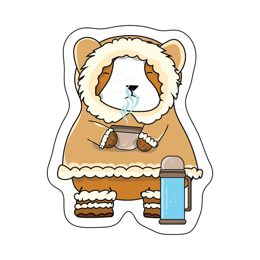Sticker of a corgi puppy in a cozy Eskimo winter outfit, featuring a white and blue scarf, blue gloves, and stylish brown shoes, radiating winter charm.