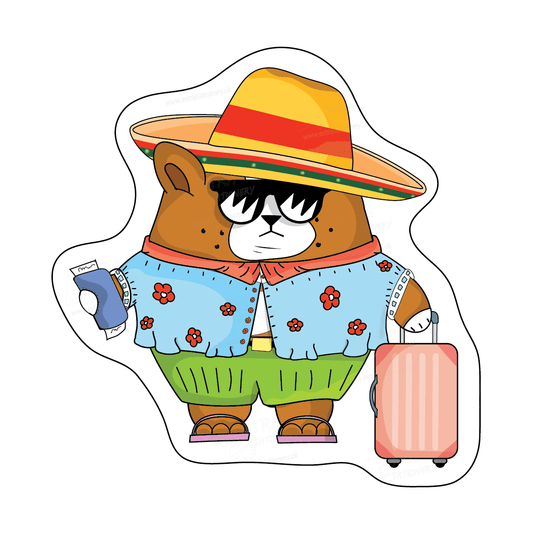 Sticker of a corgi puppy on a summer vacation, sporting a Mexican hat sombrero and stylish sunglasses, radiating vacation charm.