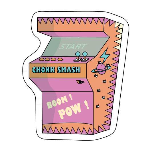 Arcade machine featuring the 'CHONK SMASH' game sticker, offering an immersive gaming experience