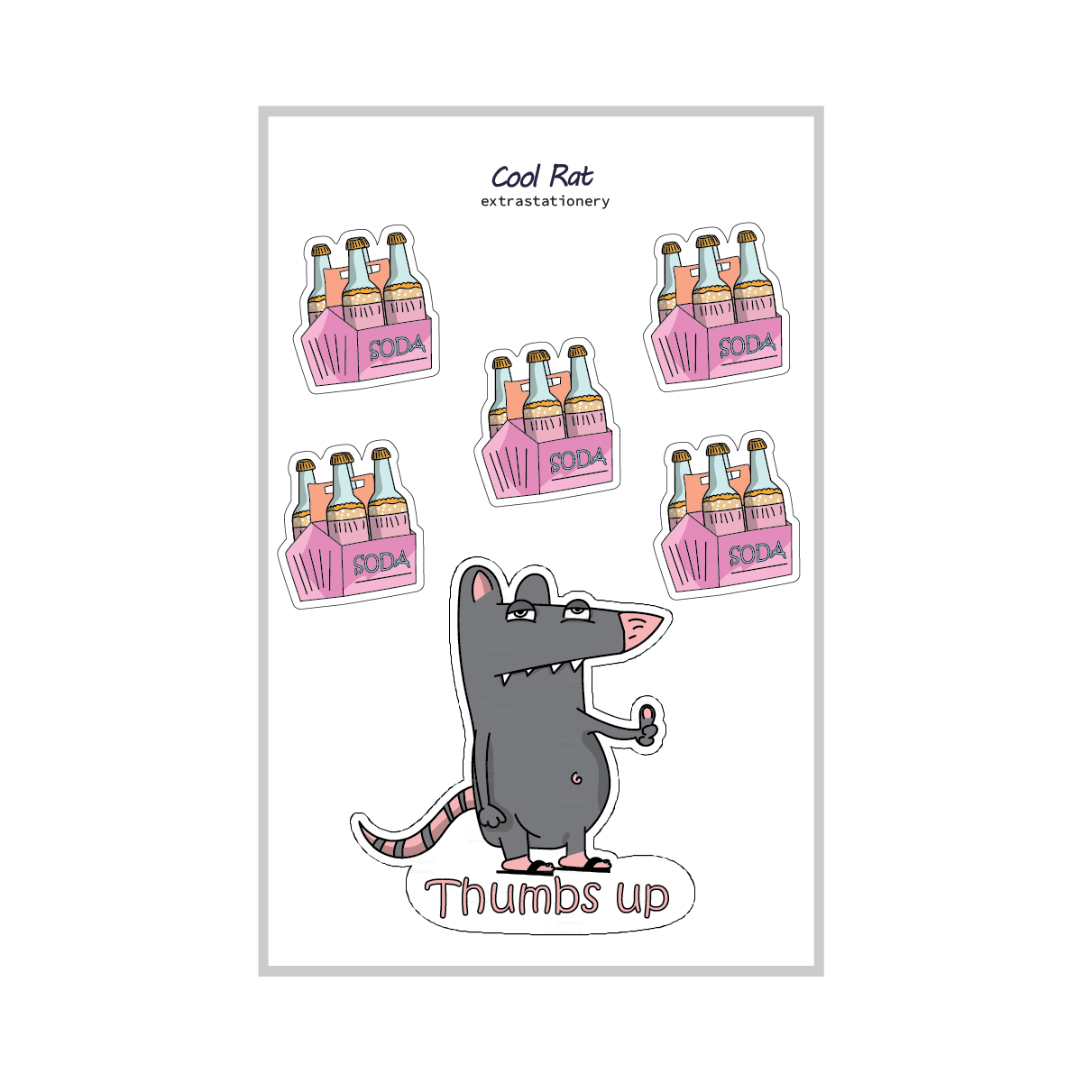 Cool rat sticker sheet that contains rat main sticker and mini stickers of fizzy drinks
