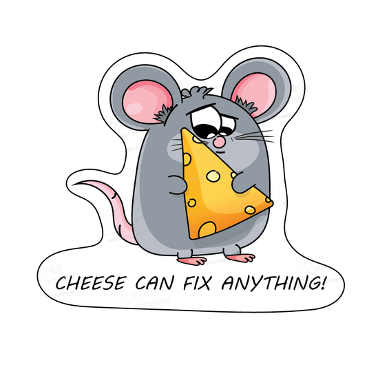 Darling mouse holding a large piece of cheese sticker, celebrating the joy of savouring life's treasures.