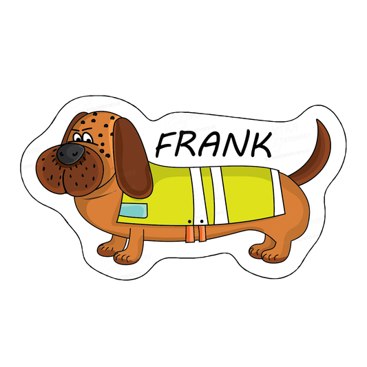 Sticker of Frank the dachshund puppy wearing a cute jacket with hearts, and nestled in his own little house, radiating a blend of charm and cosy companionship.