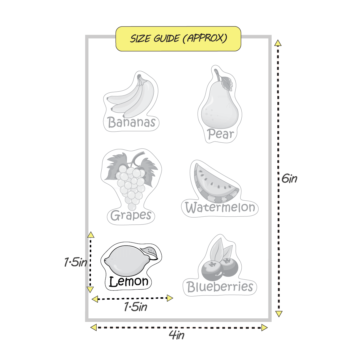 Colorful and playful sticker collection of 6 fruits, sticker size guide