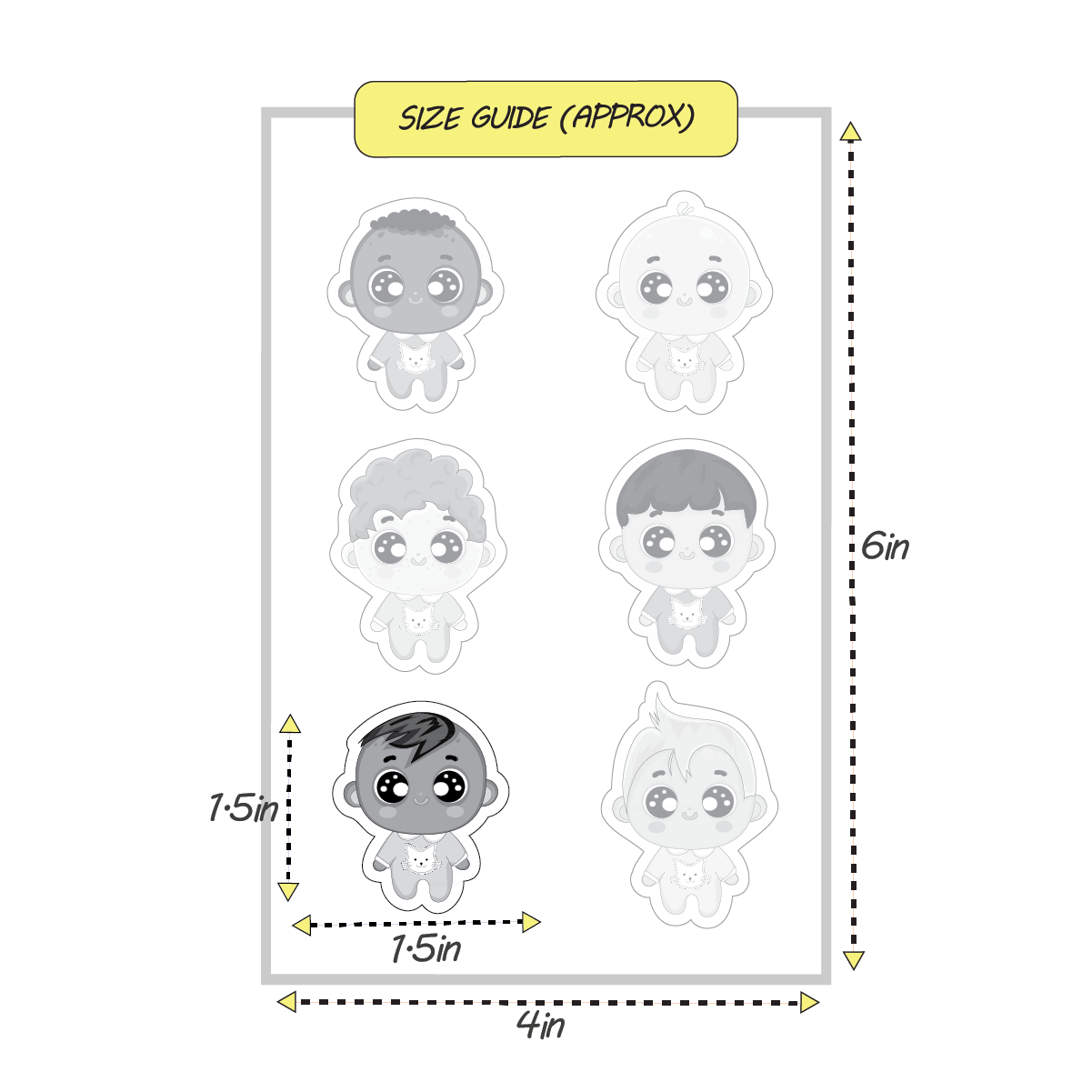 Cute mini buddies stickers, size guide