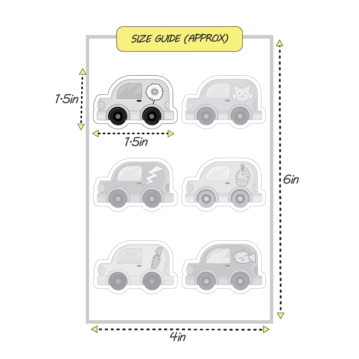 Cute mini motors stickers size guide