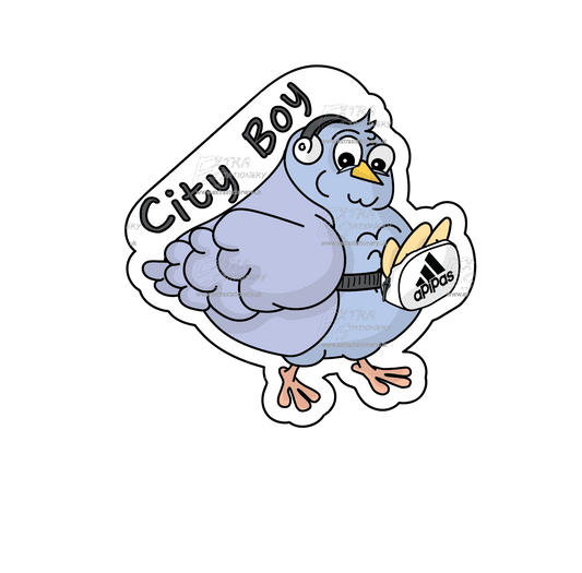 Sticker of a cute pigeon wearing headphones and a fanny pack filled with baguettes, embodying a blend of charm and modern flair.