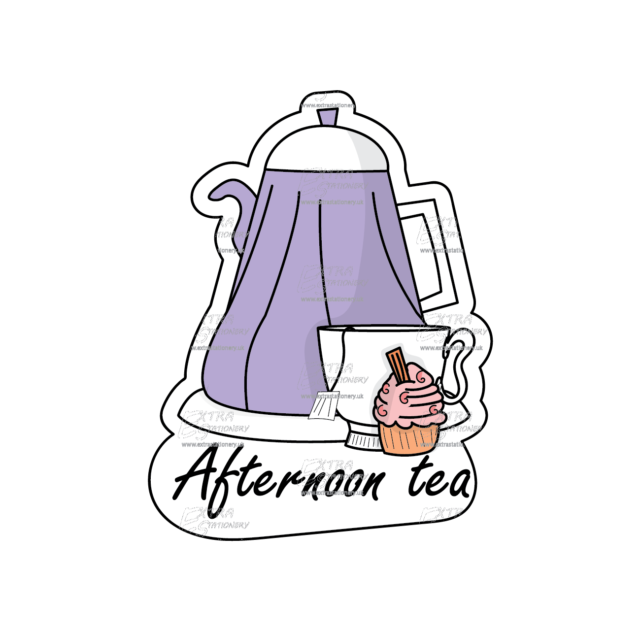 Sticker of a classic kettle and tea cup, accompanied by a chocolate cupcake, evoking the essence of soothing tea time and sweet indulgence.