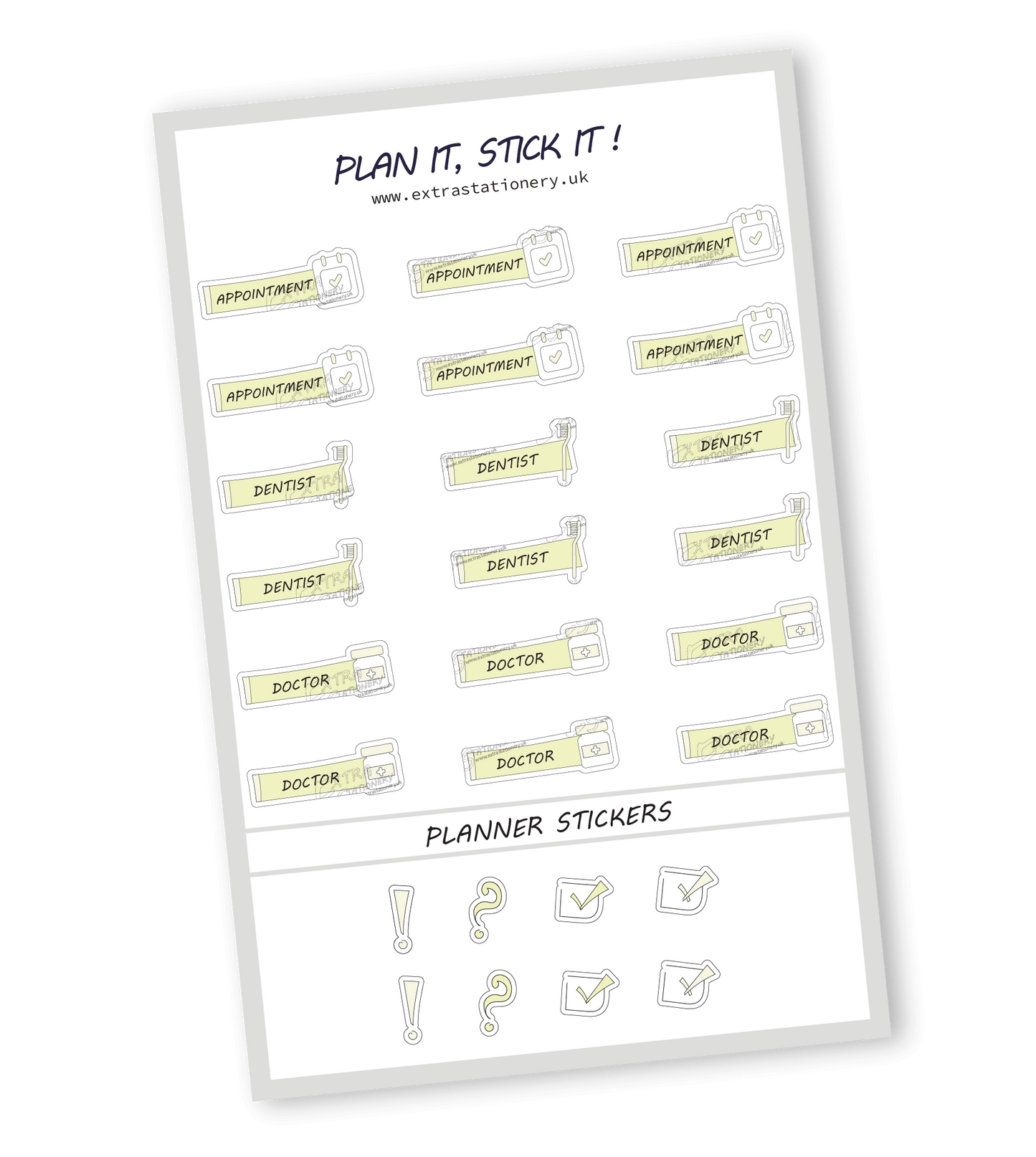 Lime Radiance color, Health appointment planner sticker sheet with appointment, dentist, and doctor stickers - 18 stickers in total (6 of each type)