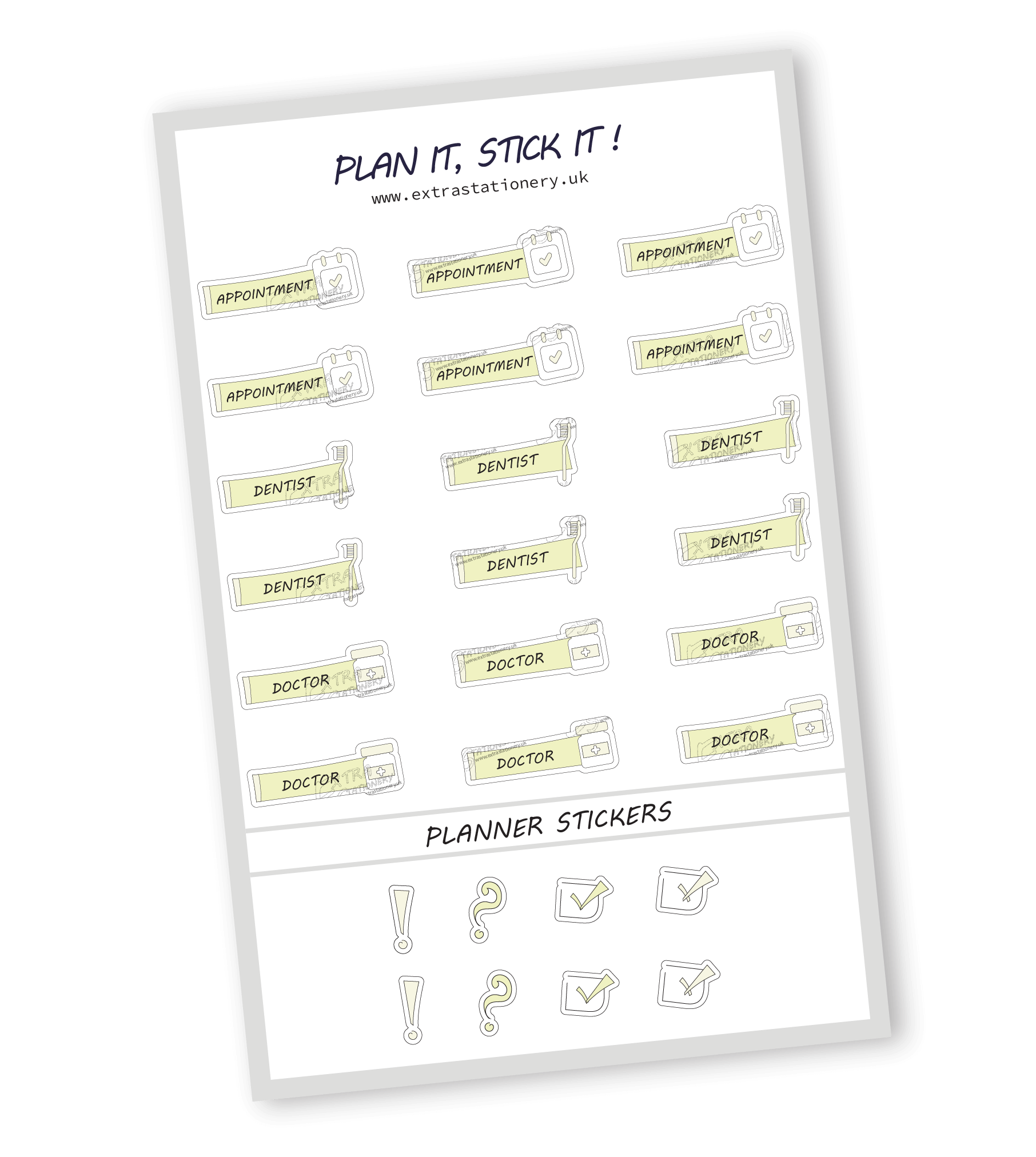 Lime Radiance color, Health appointment planner sticker sheet with appointment, dentist, and doctor stickers - 18 stickers in total (6 of each type)