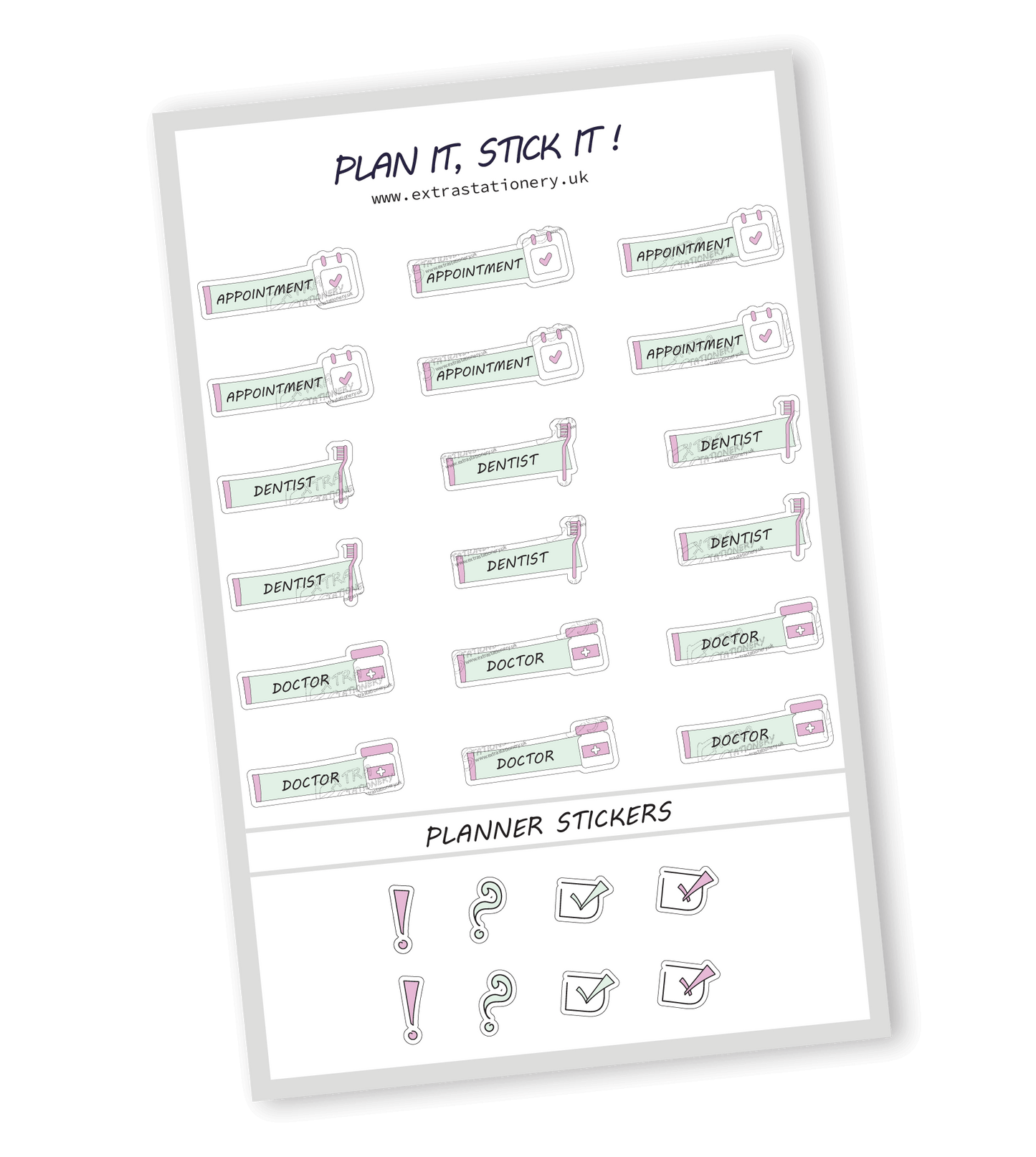 Minty Blush color, Health appointment planner sticker sheet with appointment, dentist, and doctor stickers  18 stickers in total (6 of each type)