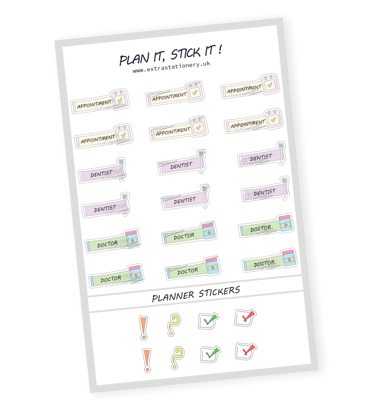 Health appointment planner sticker sheet with appointment, dentist, and doctor stickers - 18 stickers in total (6 of each type)