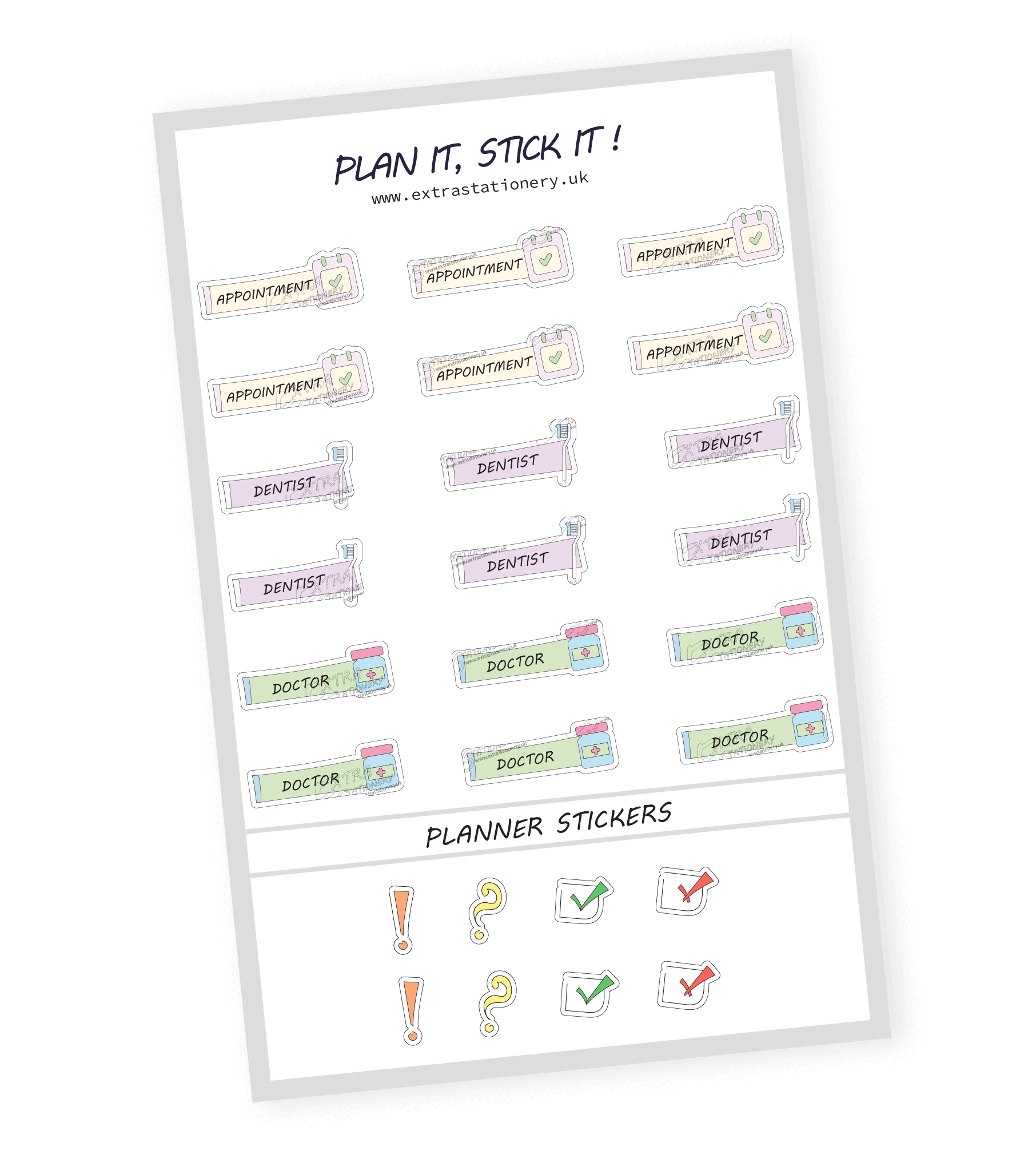 Health appointment planner sticker sheet with appointment, dentist, and doctor stickers - 18 stickers in total (6 of each type)