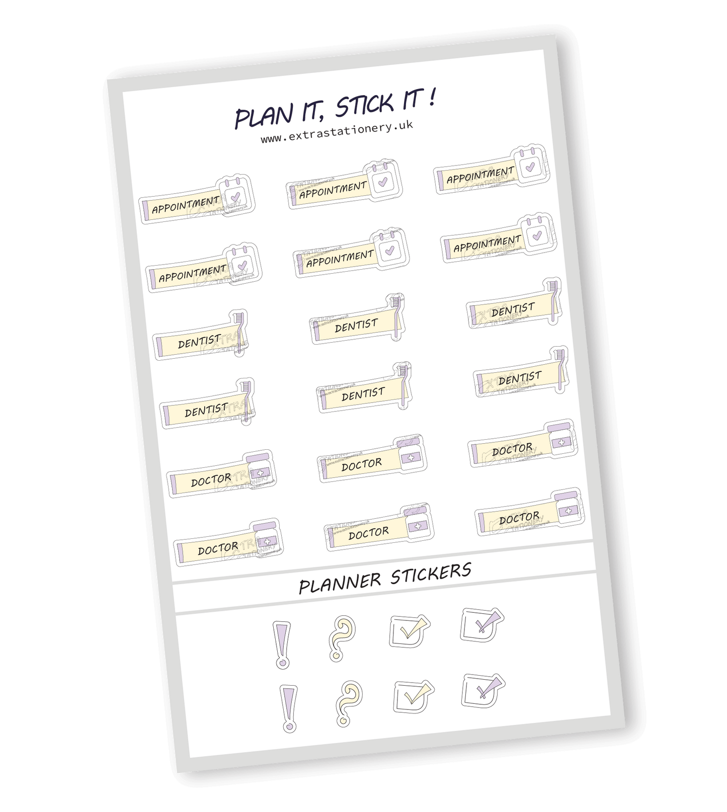 Sunshine Lilac color, Health appointment planner sticker sheet with appointment, dentist, and doctor stickers  18 stickers in total (6 of each type)