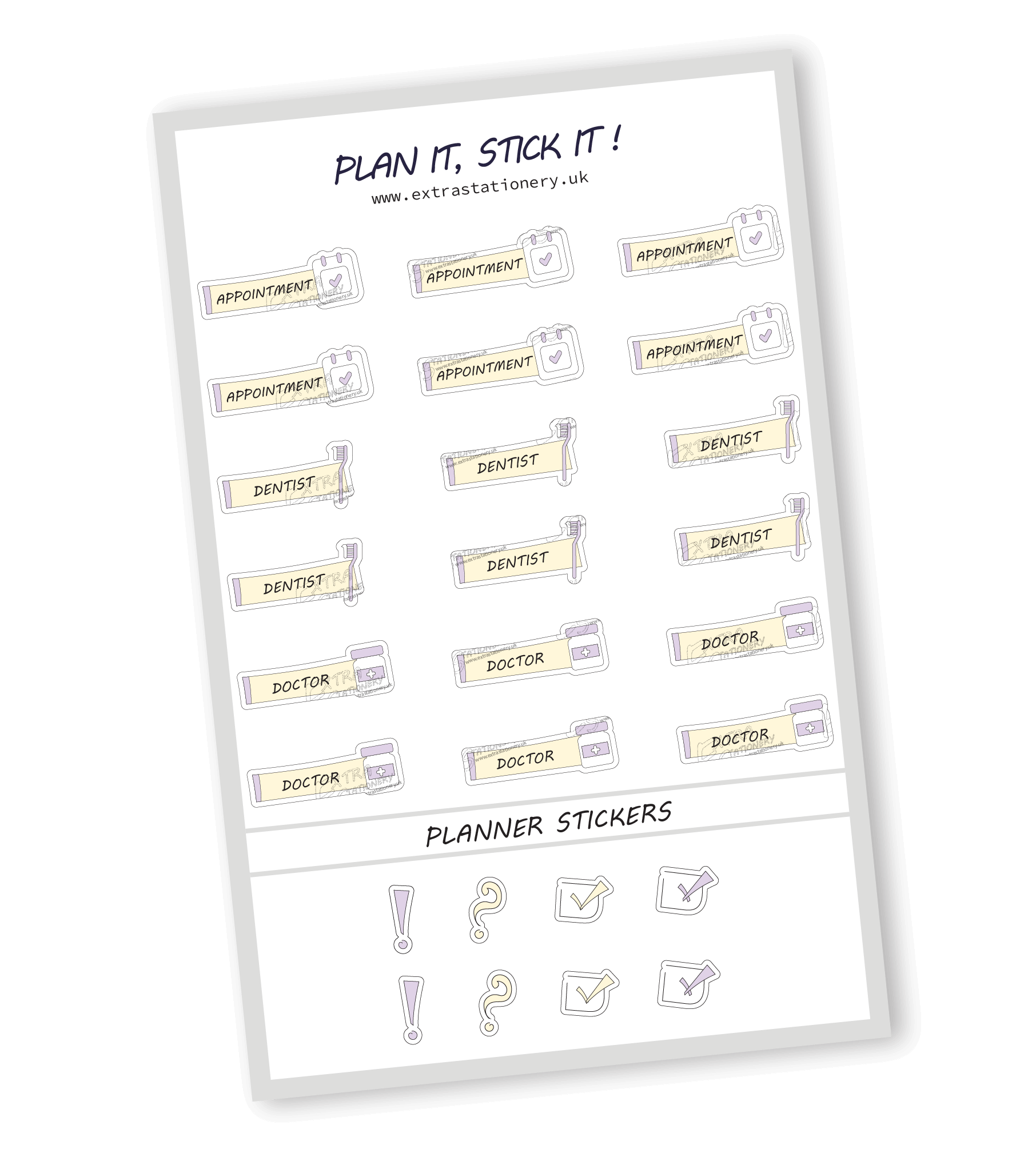 Sunshine Lilac color, Health appointment planner sticker sheet with appointment, dentist, and doctor stickers  18 stickers in total (6 of each type)