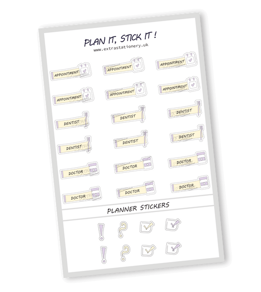 Sunshine Lilac color, Health appointment planner sticker sheet with appointment, dentist, and doctor stickers  18 stickers in total (6 of each type)