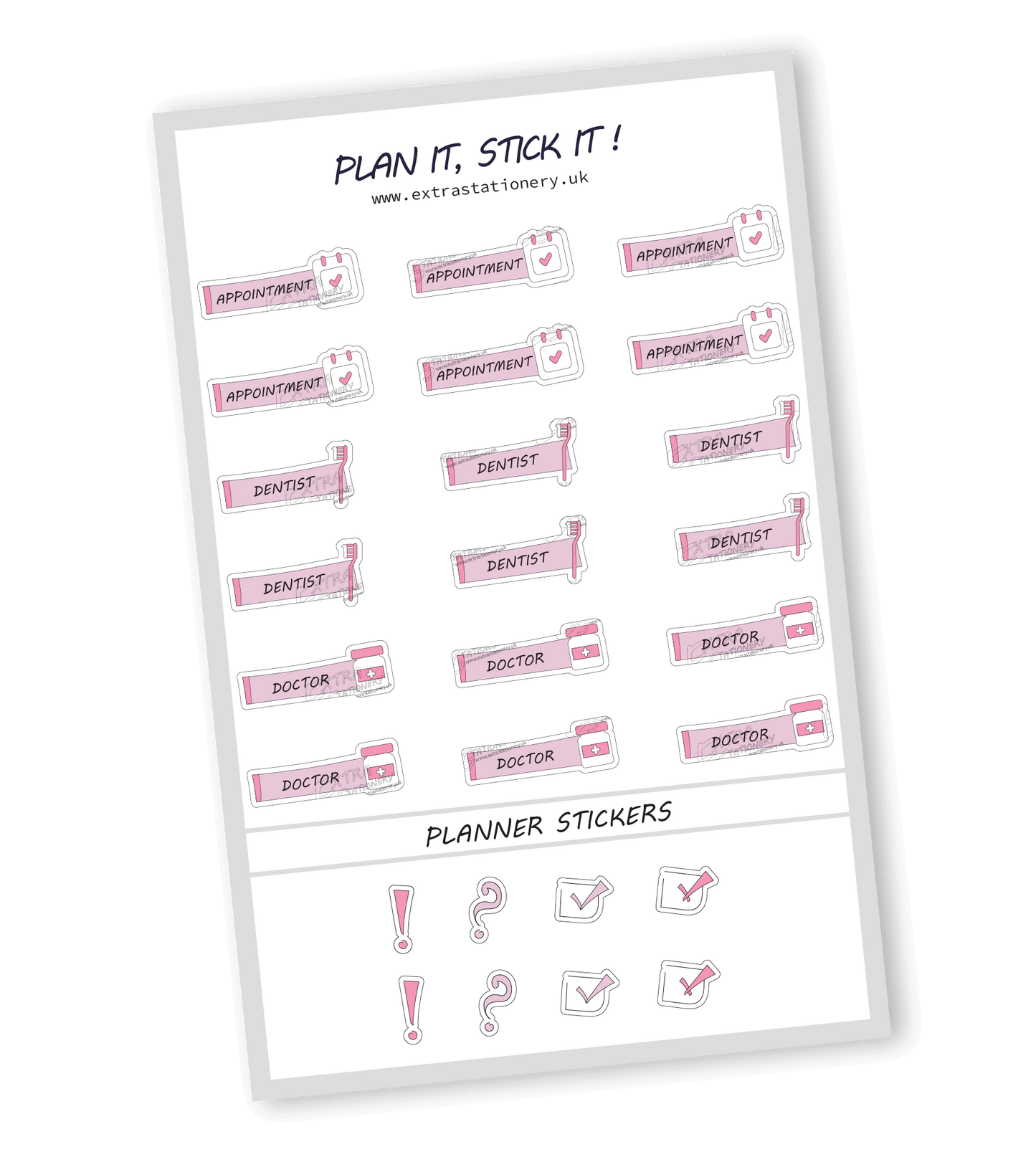 Rose Fusion color, Health appointment planner sticker sheet with appointment, dentist, and doctor stickers - 18 stickers in total (6 of each type)