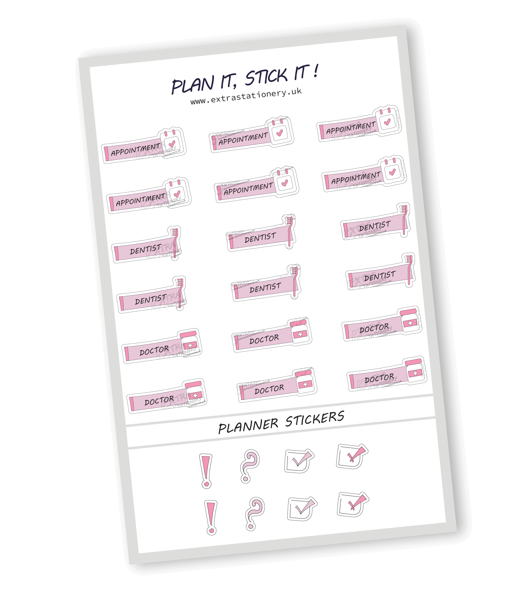 Rose Fusion color, Health appointment planner sticker sheet with appointment, dentist, and doctor stickers - 18 stickers in total (6 of each type)