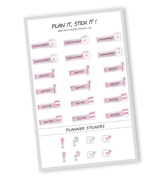 Rose Fusion color, Health appointment planner sticker sheet with appointment, dentist, and doctor stickers - 18 stickers in total (6 of each type)