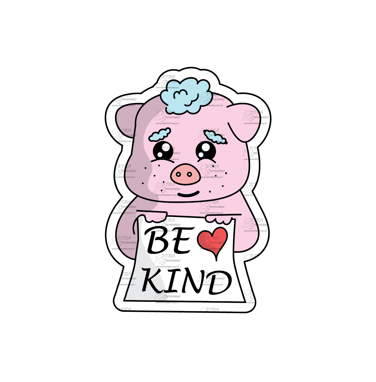 Adorable piggy surrounded by hearts sticker, holding a sign that reads 'Be Kind,' embracing the essence of compassion.