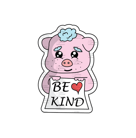 Adorable piggy surrounded by hearts sticker, holding a sign that reads 'Be Kind,' embracing the essence of compassion.