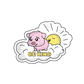 Joyful piggy on a cloud with a smiling sun, carrying a sign that reads 'Be Kind sticker,' embodying happiness and positivity.