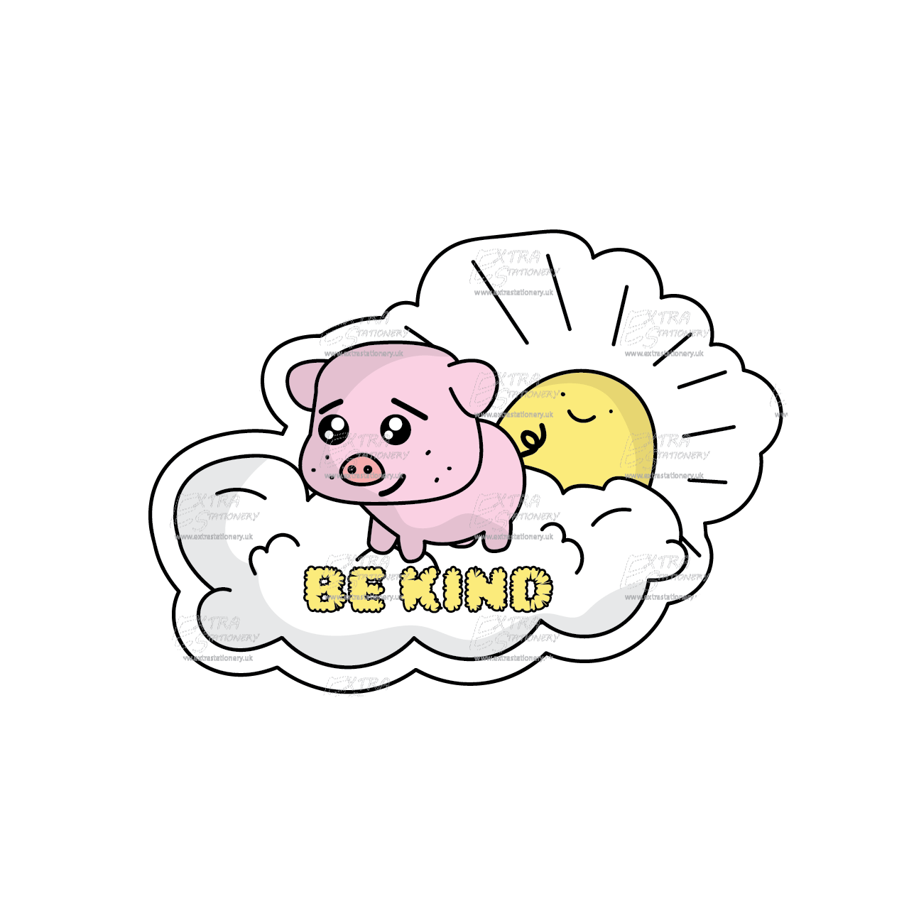 Joyful piggy on a cloud with a smiling sun, carrying a sign that reads 'Be Kind sticker,' embodying happiness and positivity.