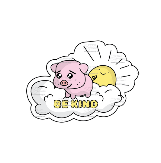 Joyful piggy on a cloud with a smiling sun, carrying a sign that reads 'Be Kind sticker,' embodying happiness and positivity.