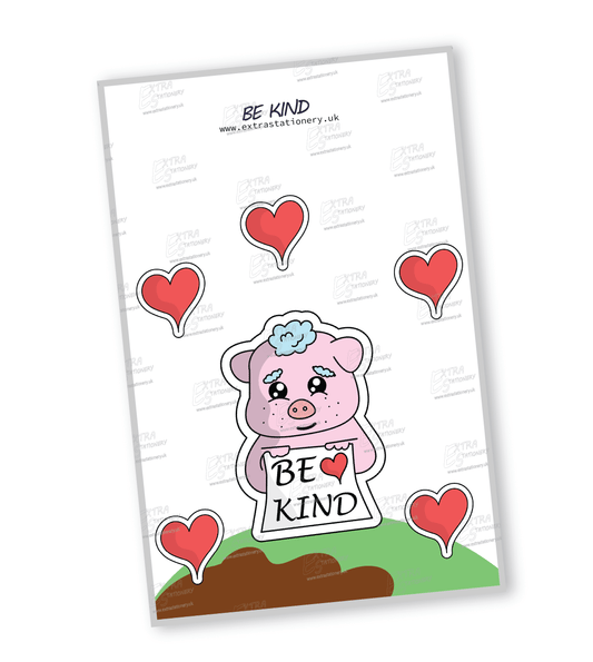 Adorable piggy surrounded by hearts sticker, holding a sign that reads 'Be Kind,' embracing the essence of compassion.