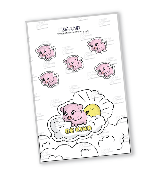 Joyful piggy on a cloud with a smiling sun, carrying a sign that reads 'Be Kind sticker,' embodying happiness and positivity.