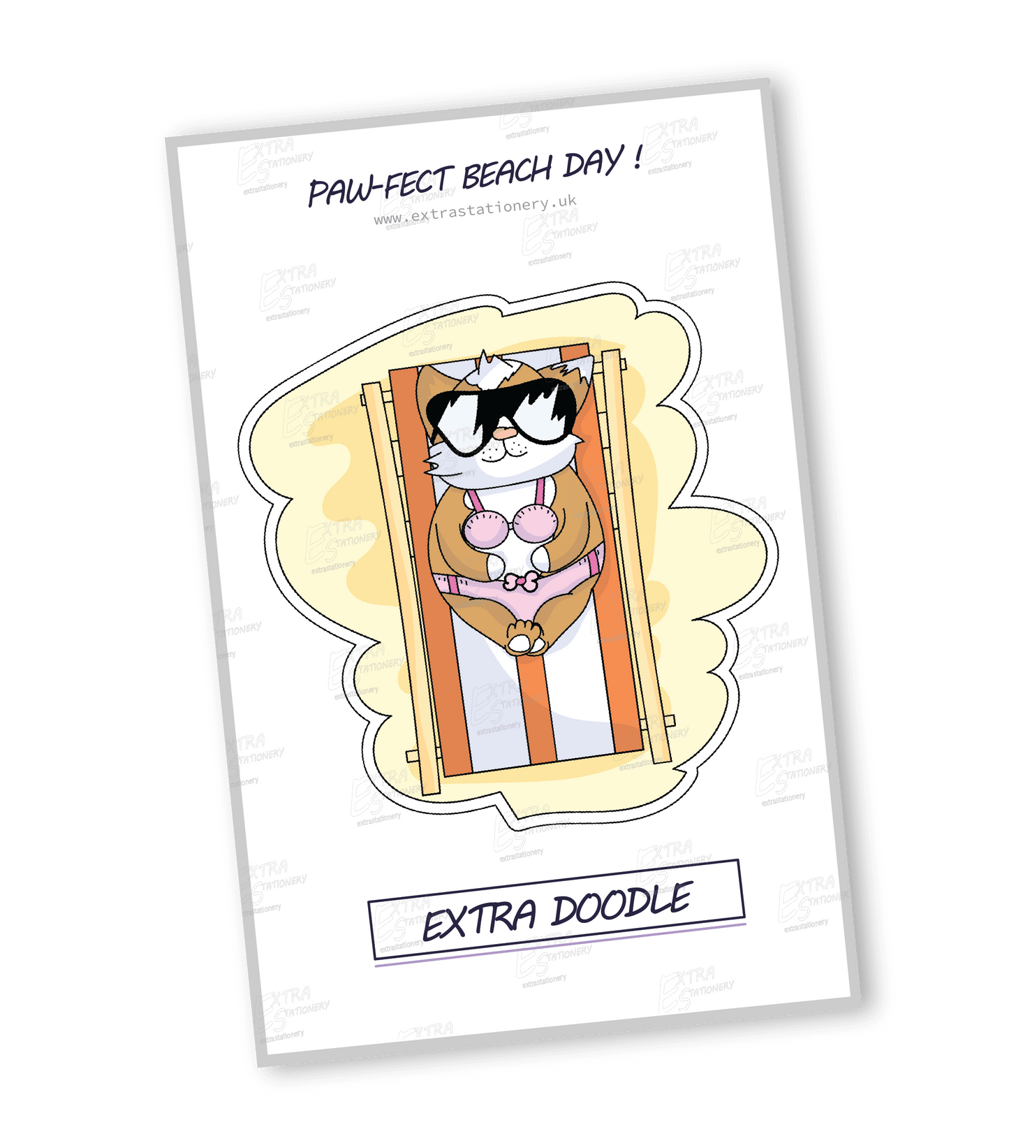 Sticker of a cute puppy sunbathing on a sun lounger, dressed in a pink bikini and stylish sunglasses, radiating beach relaxation and seaside charm.