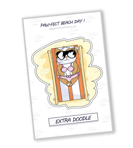 Sticker of a cute puppy sunbathing on a sun lounger, dressed in a pink bikini and stylish sunglasses, radiating beach relaxation and seaside charm.