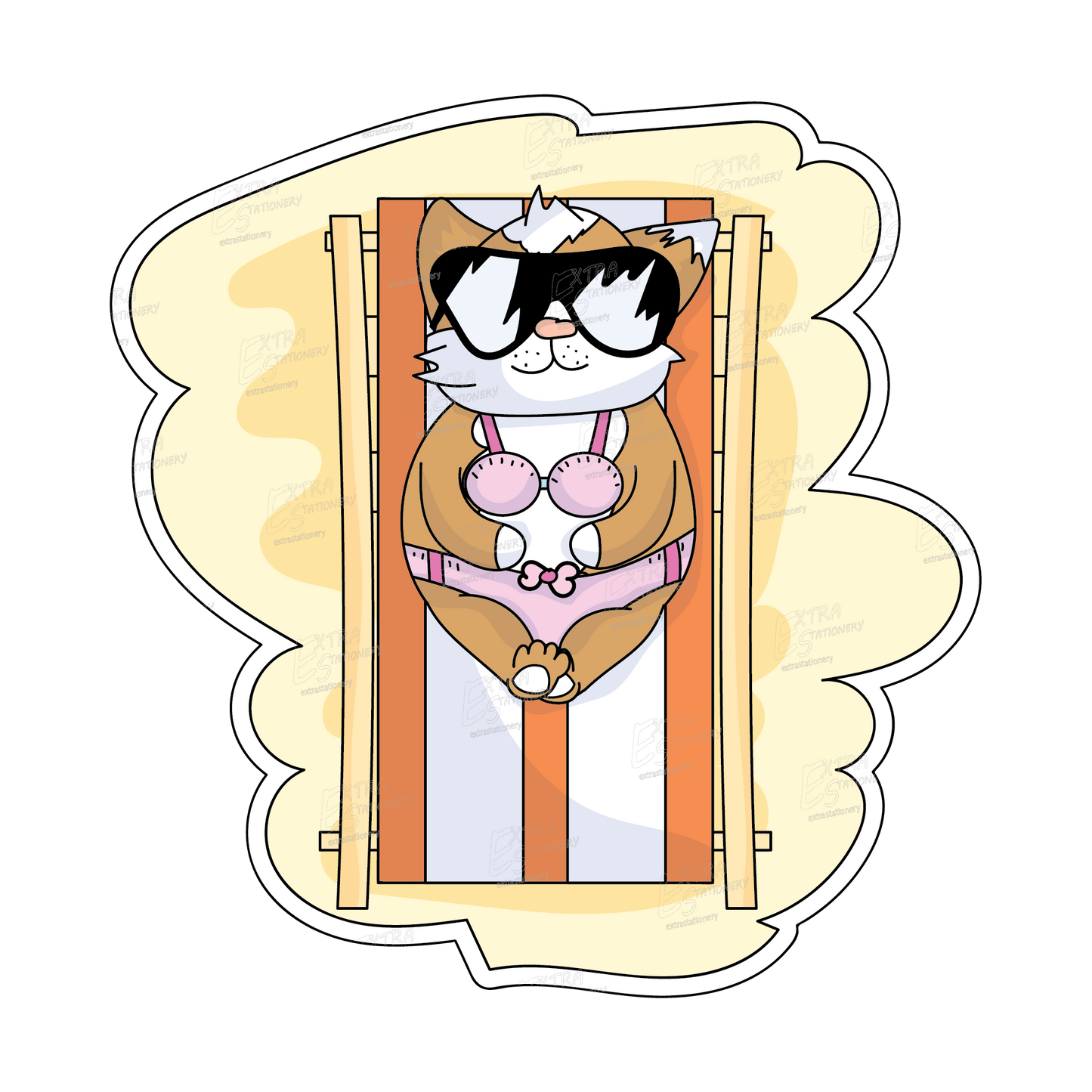 Sticker of a cute puppy sunbathing on a sun lounger, dressed in a pink bikini and stylish sunglasses, radiating beach relaxation and seaside charm.