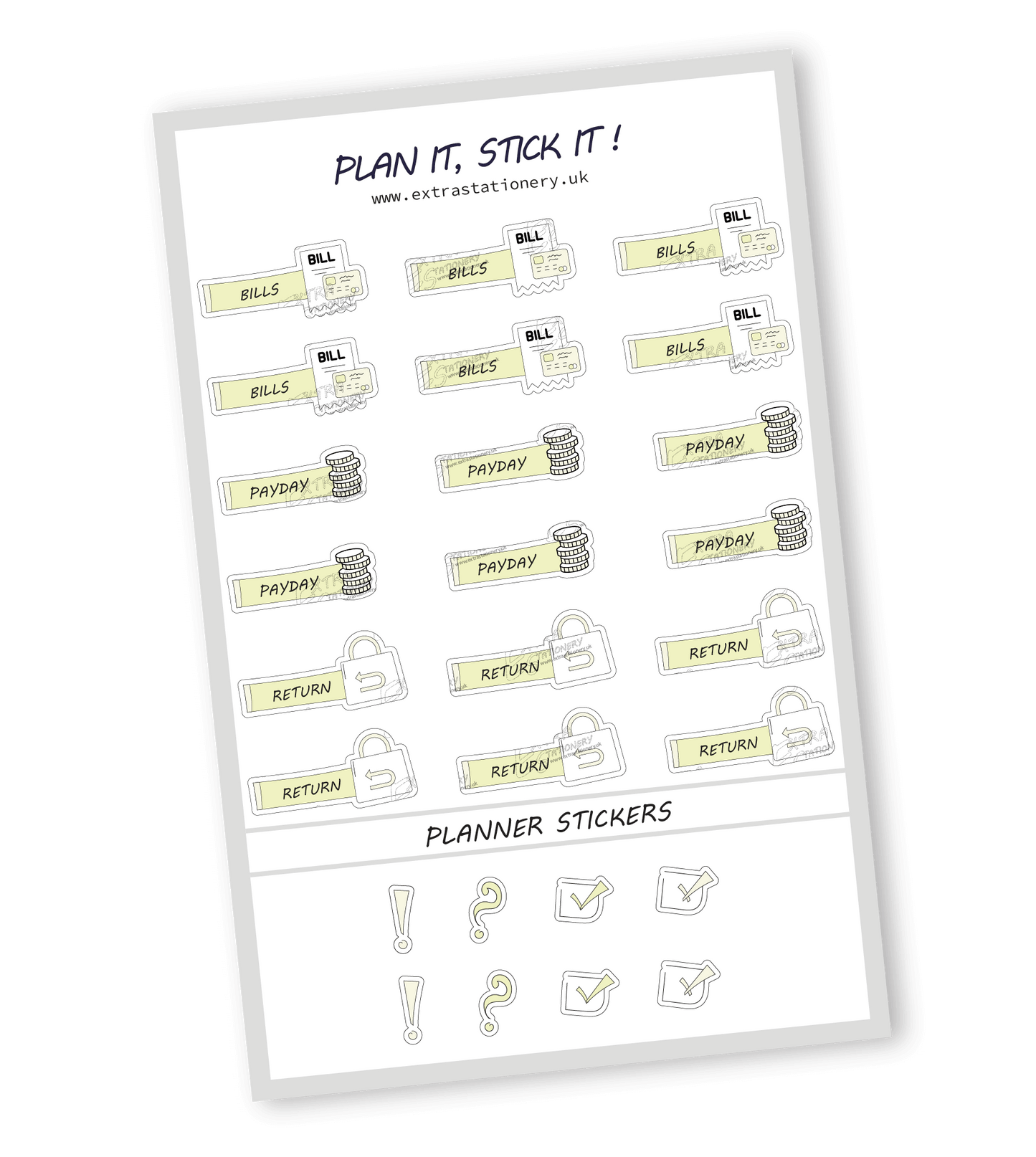 Lime Radiance color, Finance planner sticker sheet with bills, payday, and return stickers - 18 stickers in total (6 of each type)