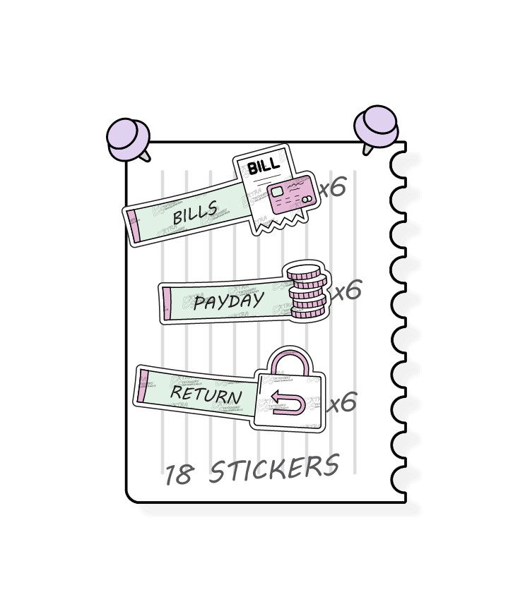 Minty blush, planner stickers designed for comprehensive financial management, including tracking bills and expenses, monitoring income and payday earnings, and facilitating efficient money management through refund and return planning.