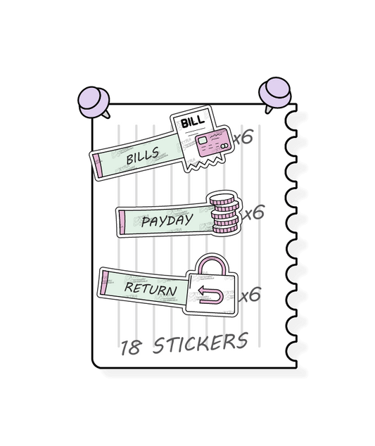 Minty blush, planner stickers designed for comprehensive financial management, including tracking bills and expenses, monitoring income and payday earnings, and facilitating efficient money management through refund and return planning.