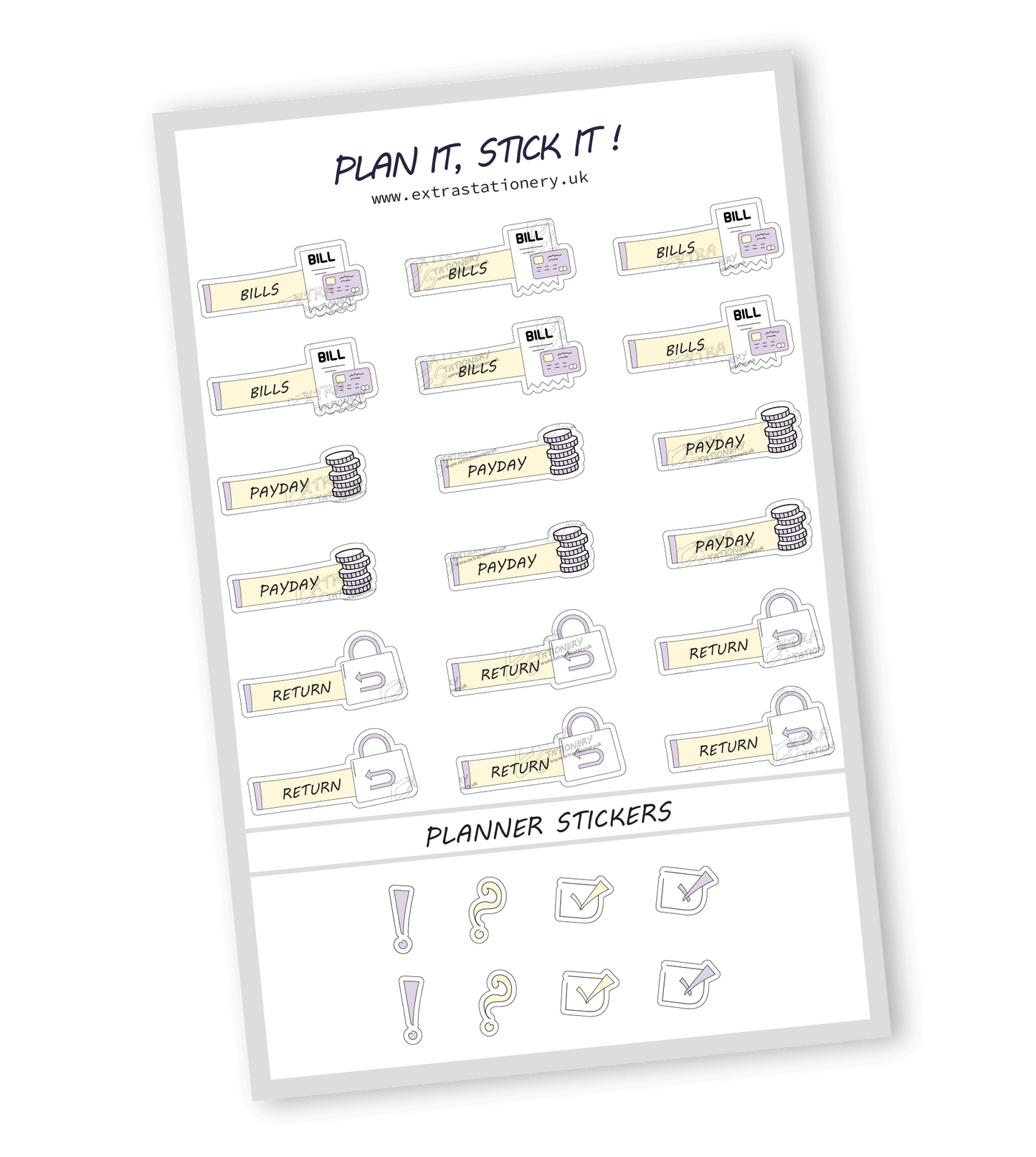 Sunshine Lilac color, finance planner sticker sheet with bills, payday, and return stickers  18 stickers in total (6 of each type)