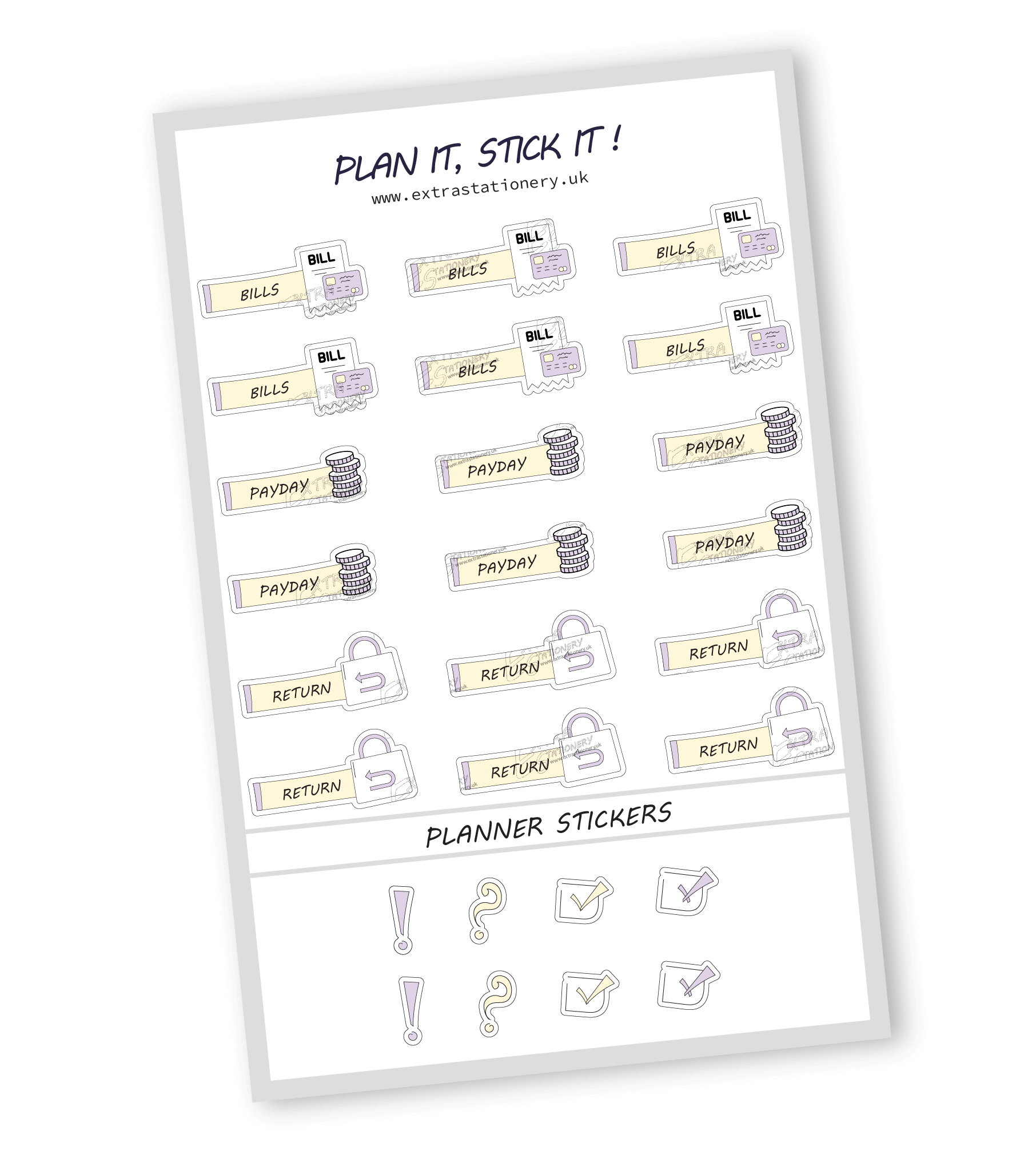 Sunshine Lilac color, finance planner sticker sheet with bills, payday, and return stickers  18 stickers in total (6 of each type)