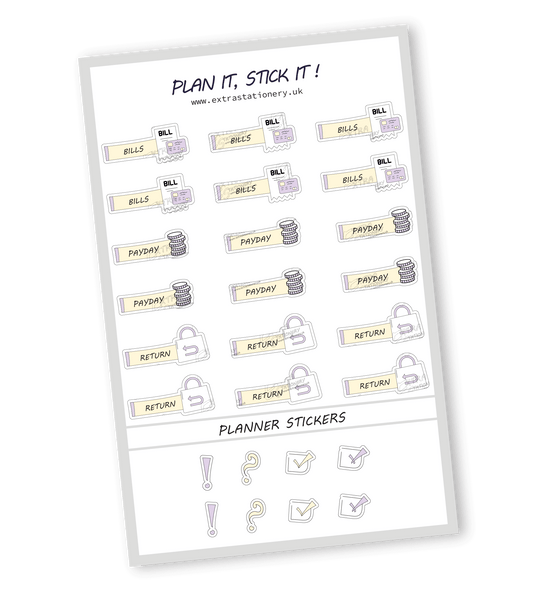 Sunshine Lilac color, finance planner sticker sheet with bills, payday, and return stickers  18 stickers in total (6 of each type)