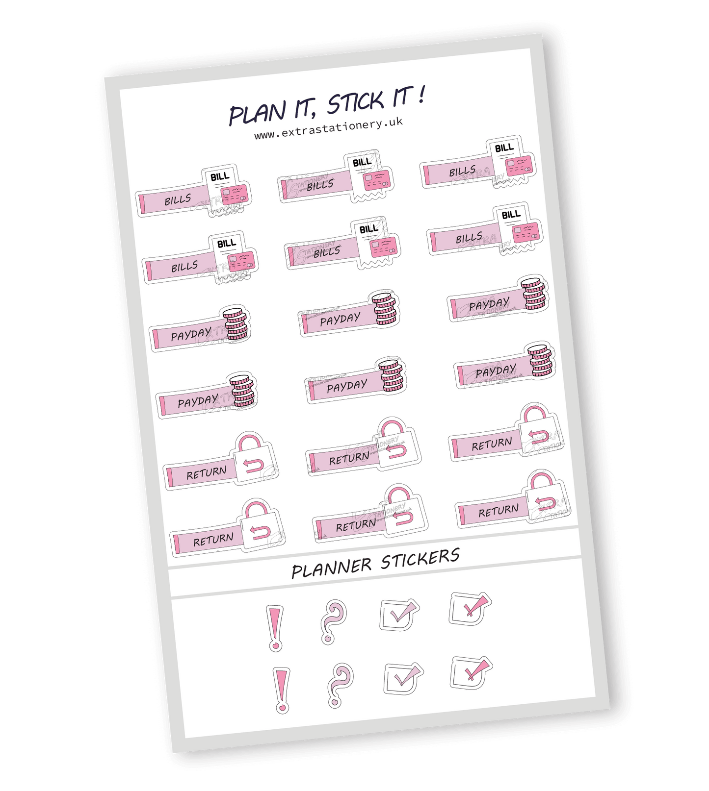 Rose Fusion color, finance planner sticker sheet with bills, payday, and return stickers - 18 stickers in total (6 of each type)