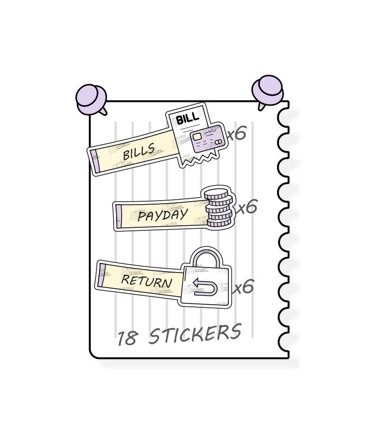 Sunshine lilac, planner stickers designed for comprehensive financial management, including tracking bills and expenses, monitoring income and payday earnings, and facilitating efficient money management through refund and return planning.