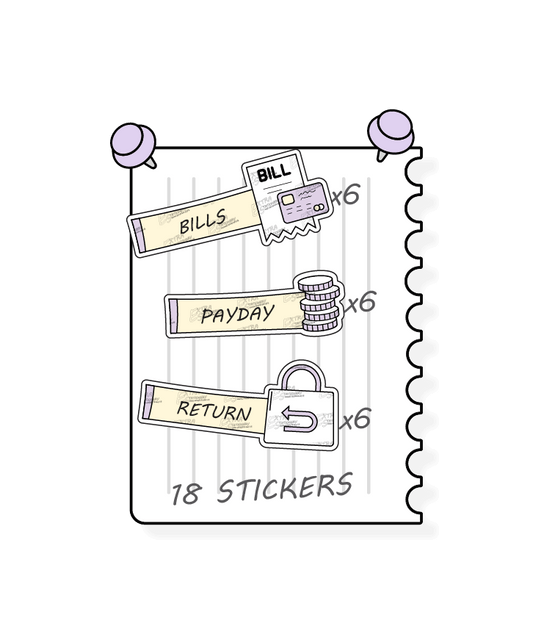 Sunshine lilac, planner stickers designed for comprehensive financial management, including tracking bills and expenses, monitoring income and payday earnings, and facilitating efficient money management through refund and return planning.