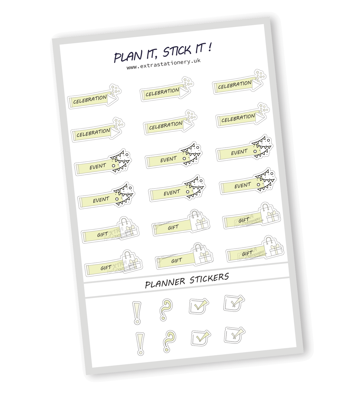 Lime Radiance color, planner sticker sheet with celebration, event, and gift stickers - 18 stickers in total (6 of each type)