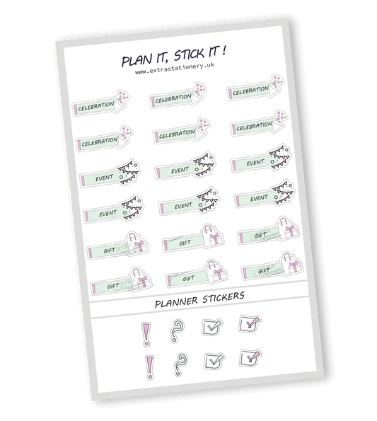 Minty Blush color, planner sticker sheet with celebration, event, and gift stickers  18 stickers in total (6 of each type)