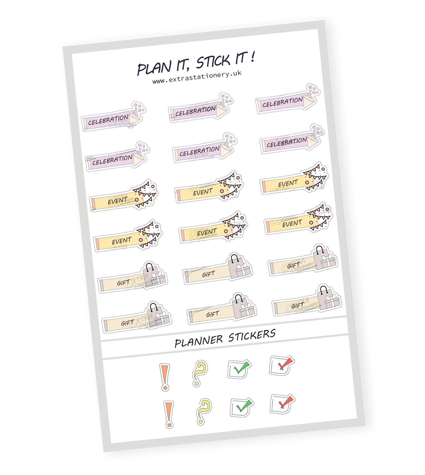 planner sticker sheet with celebration, event, and gift stickers - 18 stickers in total (6 of each type)