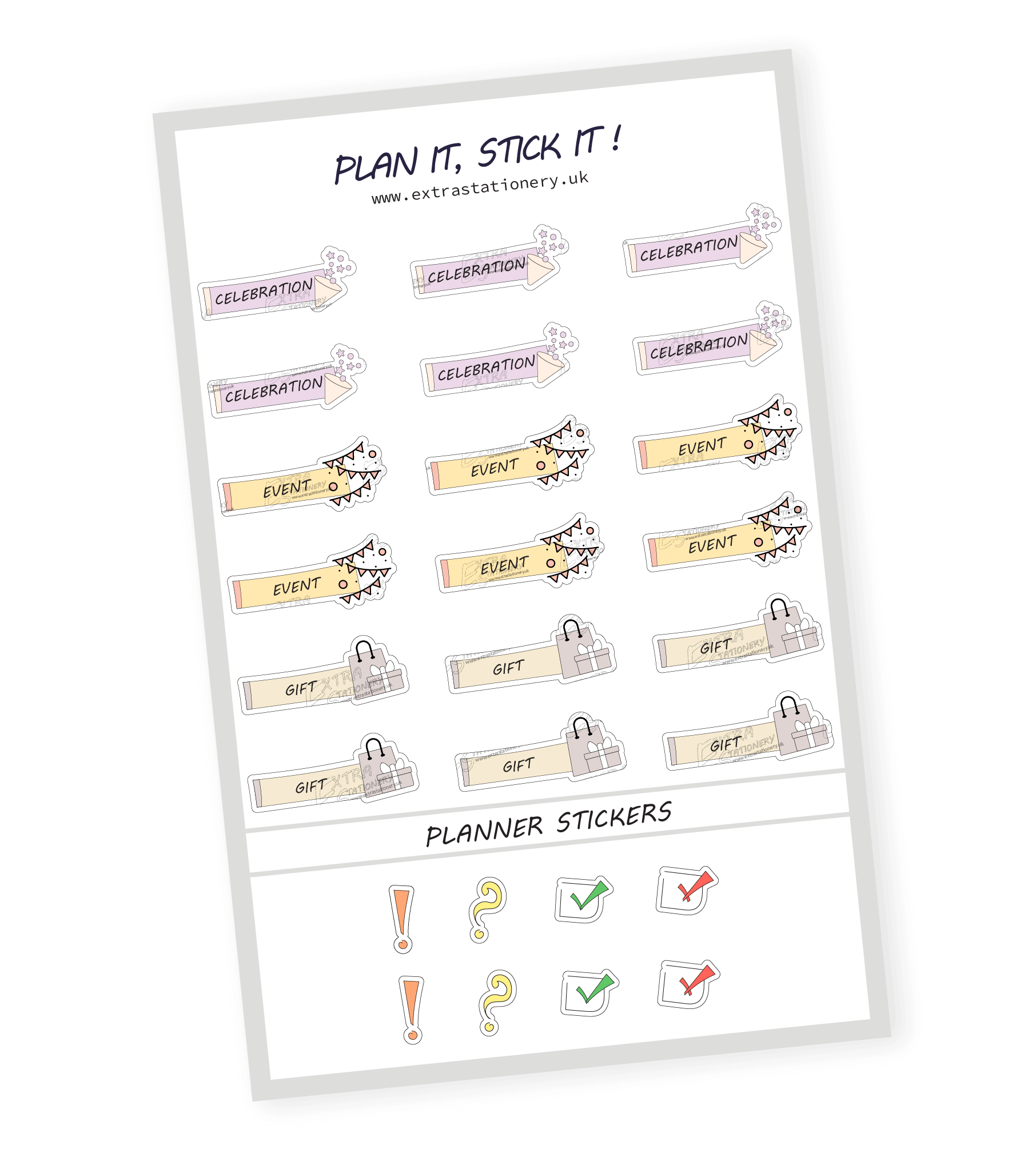 planner sticker sheet with celebration, event, and gift stickers - 18 stickers in total (6 of each type)