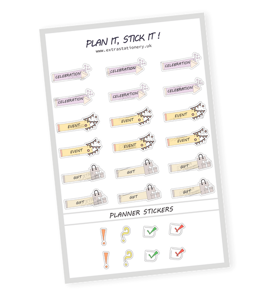 planner sticker sheet with celebration, event, and gift stickers - 18 stickers in total (6 of each type)