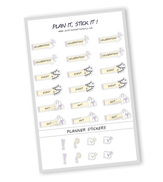 Sunshine Lilac color, planner sticker sheet with celebration, event, and gift stickers  18 stickers in total (6 of each type)