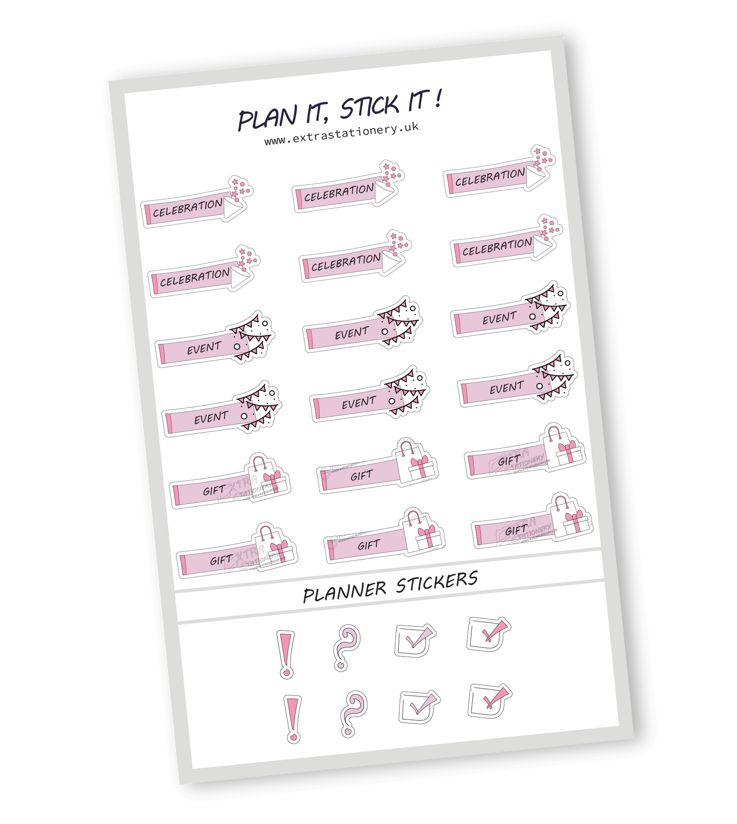 Rose Fusion color, planner sticker sheet with celebration, event, and gift stickers - 18 stickers in total (6 of each type)